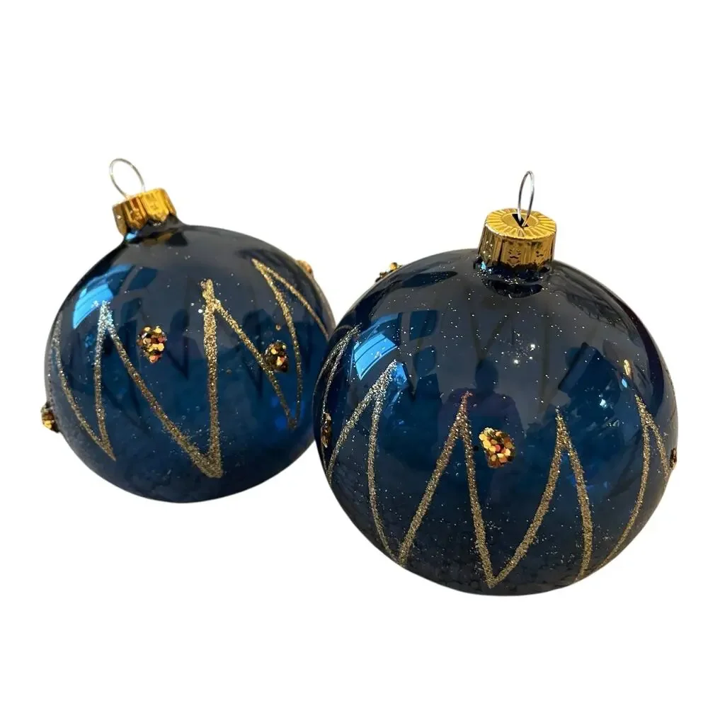 VITBIS Handcrafted Glass Ornaments Set of 6 Navy Blue & Gold Made in Poland NEW